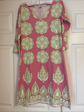 Pink & Green Printed V-Neck Midi Dress